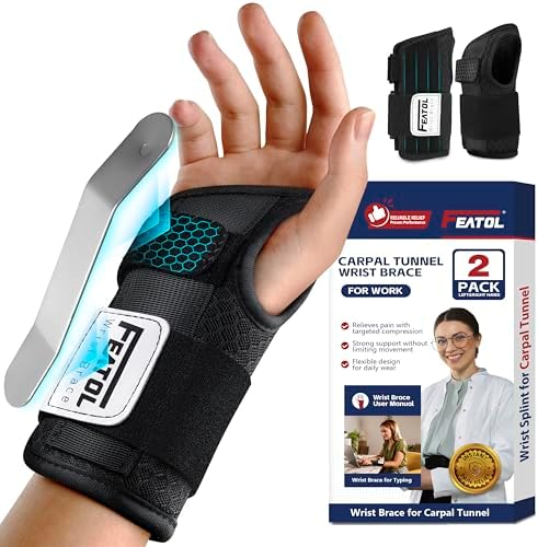 FEATOL 2 Pack Carpal Tunnel Wrist Brace For Work With Wrist Splint, 6.5'' Hand Brace Night Support For Women Men, Pain Relief For Tendonitis, Arthritis, Pregnancy, Typing, Right and Left Hand, Large