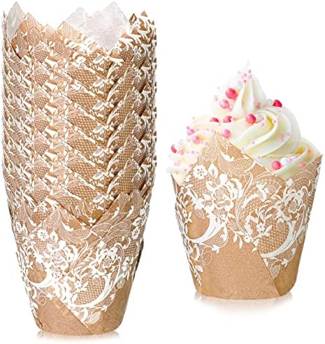200 Pcs Wedding Tulip Cupcake Liners Bridal Shower Muffin Liners Baking Cups Greaseproof Paper Cupcake Wrappers Cups for Party Wedding Anniversaries Christmas Birthdays(Lace)