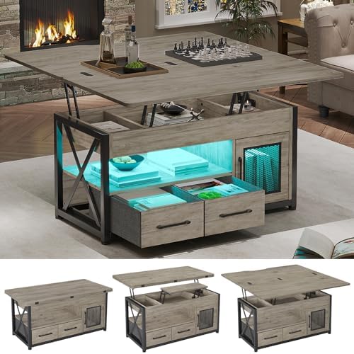 Itaar 40" Lift Top Coffee Table, 4 in 1 Coffee Tables with Storage Cabinet for Living Room, Small Farmhouse Coffee Table with 2 Fabric Drawers & LED Light for Dining Room, Grey