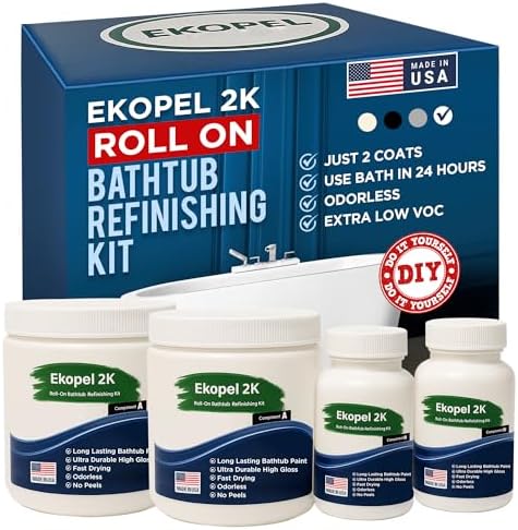 Ekopel 2K Roll On Bathtub Refinishing Kit â€“ Odorless Tub Paint Kit, Ultra Durable 2-Coat White Gloss Finish â€“ Long-Lasting Never Peel DIY Reglazing Bathtub Paint â€“ Made in USA â€“ Bright Gloss White