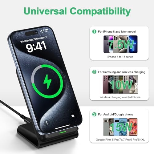 Samsung Wireless Charger Fast Charging Stand Wireless Android Desk Phone Charger Pad 15W for Samsung Galaxy S24 S25 Ultra Plus S24FE S23FE S22 S21, Pixel 9 Pro, iPhone 16/15 Pro Max, with 18W Adapter