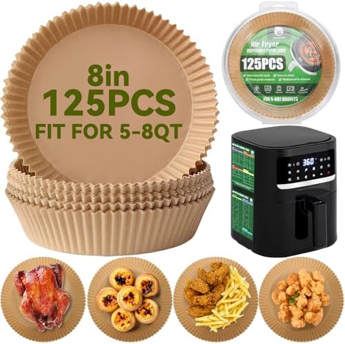 Air Fryer Liners,125 PCS Round Non-stick Disposable Paper Liners for 5-8QT, OAMCEG 8 inch Air Fryer Parchment Baking Paper for Frying, Baking, Cooking, Roasting and Microwave