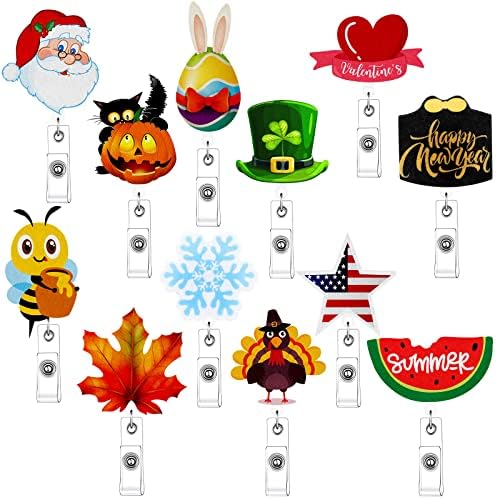 12 Pcs Christmas Badge Reels Rabbit Retractable Holiday Nurse Badge Clip Reels Holder Felt with Clip for Teachers Doctor Employees Volunteers Xmas Decor(Multi Style)