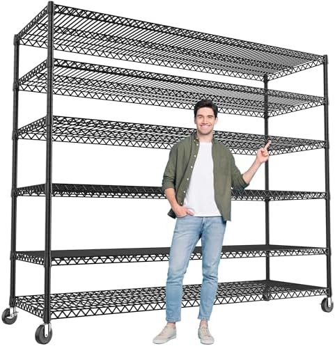 REIBII 60''W X 82.6" H Steel Heavy Duty Wire Shelving Unit with Wheels, 6-Tier Adjustable Storage Shelves 3598LBS Commercial Metal Shelves for Pantry, Garage, College Dorm School Industrial Shelving