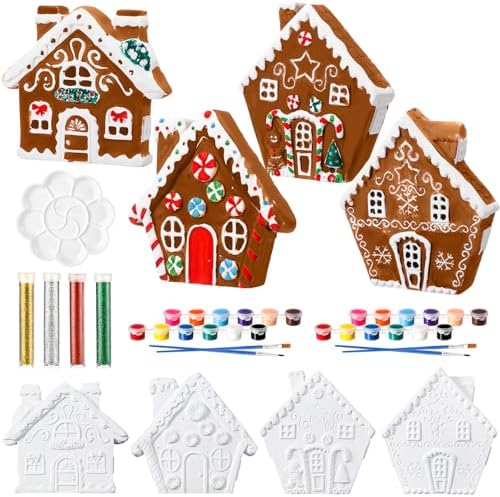 Poen Set of 4 Ceramic Christmas Gingerbread House Paint Craft Kit Unpainted Ceramics Plaster Keepsake with Painting Set for Adults Christmas Holiday Party DIY Art Project Decor Paint Brushes Included
