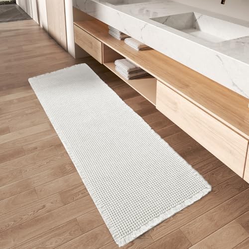 AMOAMI Waffle Runner Rug Super Absorbent Non Slip Bath Mats for Bathroom Floor, Machine Washable Bathroom Runner Rug with Tassels, Ideal for Hallway Bedroom Laundry Room, White, 17" x 48"