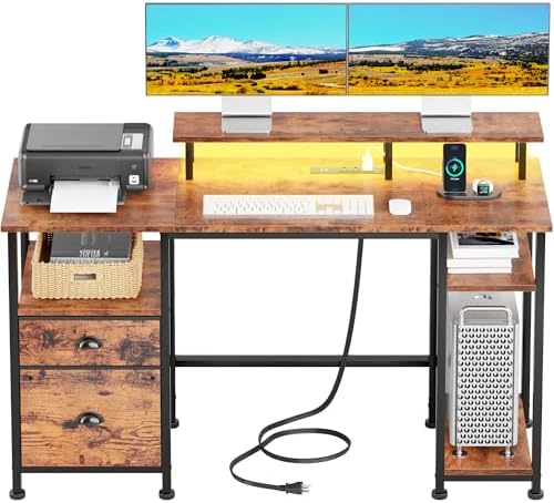 Furologee 51" Computer Desk with Power Outlet and LED Lights, Reversible Home Office Desk with File Cabinet & Monitor Stand, Large Gaming Table with Storage Shelves & Drawer, Rustic Brown