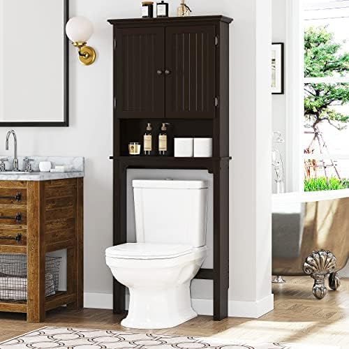 UTEX Bathroom Storage Over The Toilet, Above Toilet Storage Cabinet Organizer with Adjustable Shelves and Double Doors, Espresso
