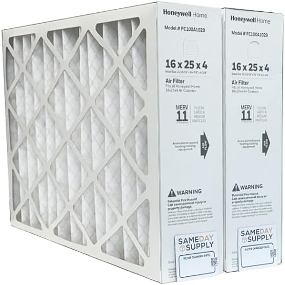 Honeywell FC100A1029 (2 Pack) - 16" x 25" x 4" Pleated Air Filter, MERV 11 Bundle with Same Day Supply Filter Change Reminder