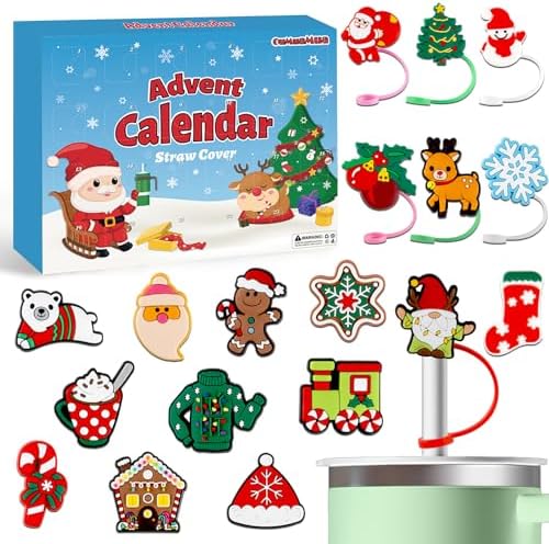 Advent Calendar 2025 Straw Cover - Christmas Countdown Calendar 24 Days 10 mm Silicone Straw Topper Caps Lids Protectors for 30 & 40 Oz Tumblers Cups Kids Adults Teens