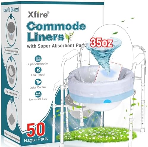 Commode Liners with Absorbent Pads- 50 Commode Bags+ 50 Commode Pads, Extra Thicken Commode Toilet Liners Universal Fit Bedside Commode, Portable Toilet, Chair Bucket, Bedpan