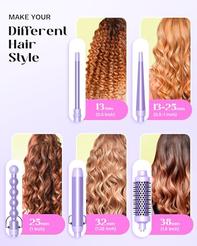 Wavytalk 5 in 1 Curling Iron,Curling Wand Set with Curling Brush and 4 Interchangeable Ceramic Curling Wand(0.5”-1.25”),Instant Heat Up,Include Heat Protective Glove & 2 Clips (Purple)