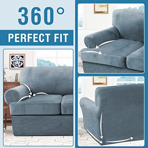 H.VERSAILTEX Sofa Cover 4 Piece T Cushion Sofa Slipcovers Thick Velvet Couch Cover Furniture Protector Stretch Sofa Covers for 3 Cushion Couch with 3 Individual Covers Washable, Stone Blue