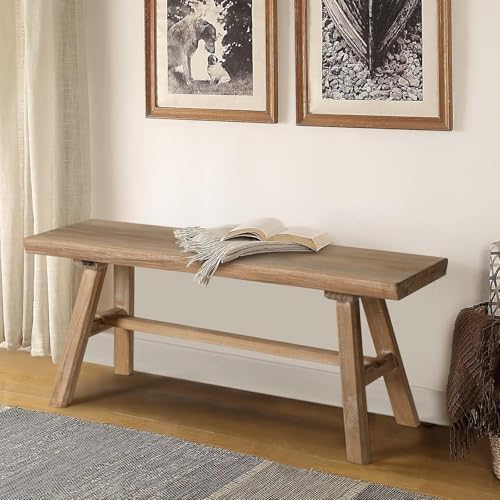 Wnutrees 39" Farmhouse Wood Bench, Rustic Solid Wood Dining Room & Entryway Bench Seat for Indoors, Easy Assembly, Natural