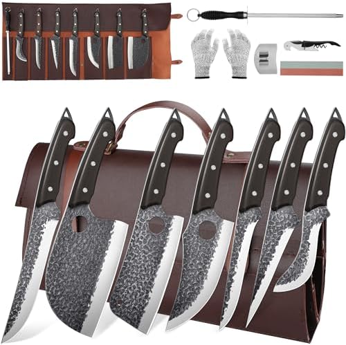 ROCOCO 13PCS Butcher Cleaver Knife Set for Meat Cutting Serbian Chef Viking Boning Knife with Roll Bag for Kitchen Outdoor BBQ Camping Birthday Christmas Father Mother Gift Idea Men