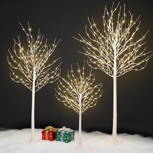 4ft & 6ft & 8ft LED Birch Tree Set, with Warm White Lights for Outdoor Indoor Christmas & Wedding Decor (3 Sizes Pack)