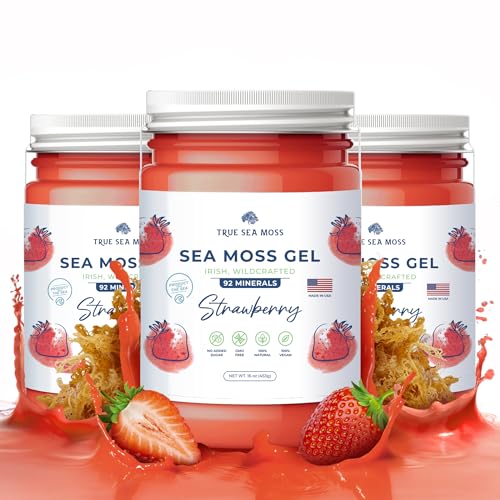 TrueSeaMoss Wildcrafted Irish Sea Moss Gel - Made with Dried Seaweed & Fresh Sea Vegetables, Seamoss - Made in USA (Strawberry, Pack of 3)