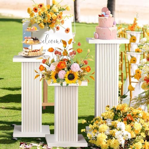 3PCS Square Pedestal Stand for Party,White Wood Display Pedestal Stands for Parties,Fluted Plinth Pillars Table Stands for Wedding Birthday Baby Shower Decor Display Plant Stand (White)