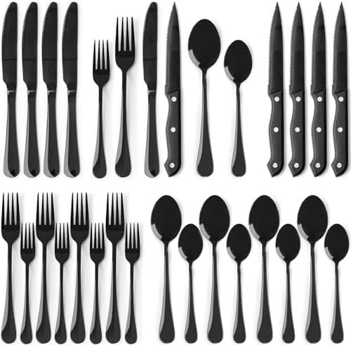 Astercook 24-Piece Black Silverware Set with Steak Knives Flatware Set for 4 Food-Grade Stainless Steel Cutlery Set Mirror Polished Utensils Set Include Spoons and Forks for Home Kitchen Restaurant