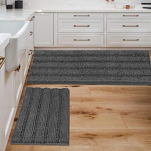 H.VERSAILTEX 2 Piece Bathroom Set - Super Absorbent Chenille Striped Bath Mats - Non Skid, Machine Washable - Grey, 47 x 17 Plus 17 x 24 - Inches