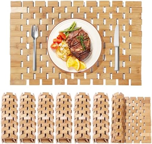 MABOZOO Bamboo Placemats,Thick Farmhouse Rolling Place Mat for Table Protection,Anti-Slip and Heat-Resistant Table Mat for Kitchen, Dinning Room (6 Pcs)