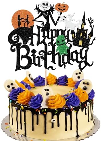 Rsstarxi 1 Pack Happy Birthday Halloween Cake Topper Halloween Party Cake Decoration Jack and Sally Ghost Bat Cake Pick for Nightmare Before Christmas Birthday Decorations Baby Shower Party Decors
