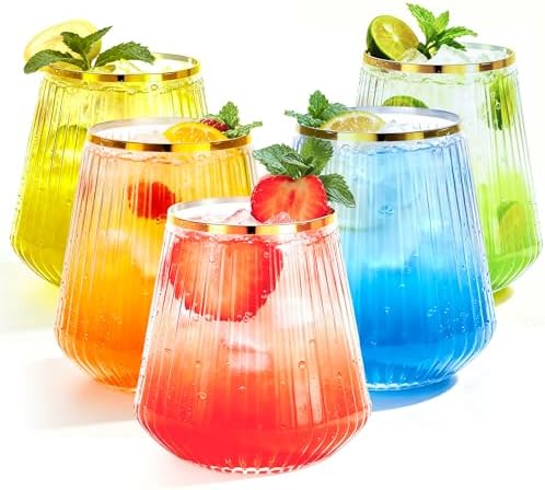 36 Pcs 12 oz Plastic Gold Rim Ribbed Wine Glasses, Reusable Champagne Glasses Elegant Whiskey Glasses Ideal for Weddings, Bars, Christmas, Halloween,Holidays,pool party,Daily Use