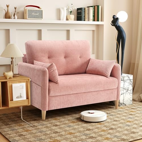 47" Small Sofa Couch for Bedroom, Soft Chenille loveseat Mini Couch with Throw Pillow and Removable Cushion Cover for Small Spaces, Living Room, Apartment, Dorm, Office(Pink)