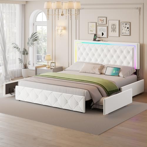 LED Queen Bed Frame with 4 Storage Drawers and Adjustable Headboard, Modern Velvet Upholstered Platform Bed Frame Queen Size with Charging Station, Wooden Slats Support, No Box Spring Needed, White