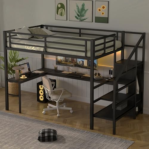 Bellemave Full Size Metal Loft Bed with L Shaped Desk and Wardrobe, Heavy Duty Loft Bed Frame with Storage Stairs, LED Loft Bed Frame with Charging Station & Safety Guardrails, Black