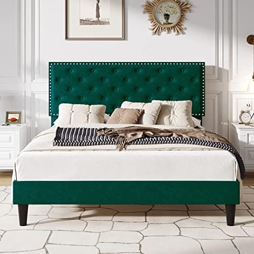 SHA CERLIN Queen Size Velvet Bed Frame with Adjustable Headboard, Diamond Button Tufted and Rivet Decor, No Box Spring Needed, Green