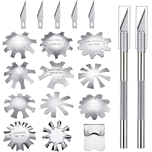 12 Pieces French Nail Trimmer Stainless Steel French Tip Cutters Smile Line Cutter Edge Manicure DIY Plate Module with 2 Handles Cutting Knife and 5 Spare Blade for Acrylic Nail(Silver)