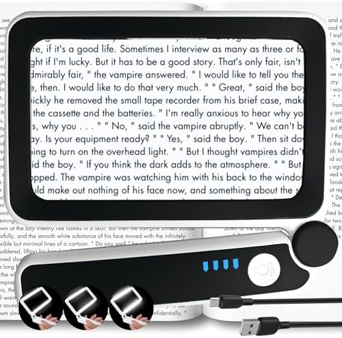 MAGNIPROS Rechargeable 4X Magnifying Glass with Light for Reading, Large Foldable LED Page Magnifier, Dimmable Handheld Rectangle Magnifier for Seniors, Small Print, Low Vision Books