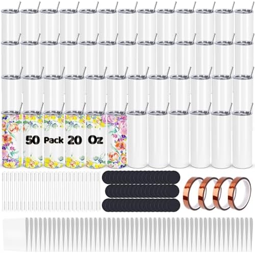 50 Pack Sublimation Tumblers Bulk, 20 oz Stainless Steel Tumbler Blank with Lid and Straw, Individually Boxed