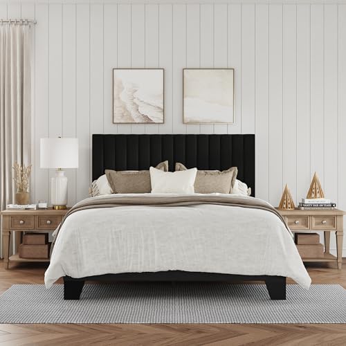 Full Size Bed Frame, Velvet Upholstered Platform Bed with Adjustable Tufted Headboard, Sturdy Frame and Slats, Noiseless, No Box Spring Required, Easy to Assemble, Black