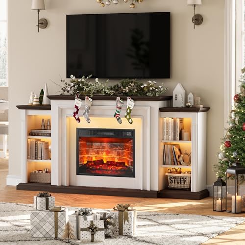 72" LED Electric Fireplace with Mantel, Fireplace TV Stand for 80 Inch TV, Entertainment Center with 23'' Red Brick Fireplace, Delicate Three-Dimensional Molding with Remote Control for Living Room