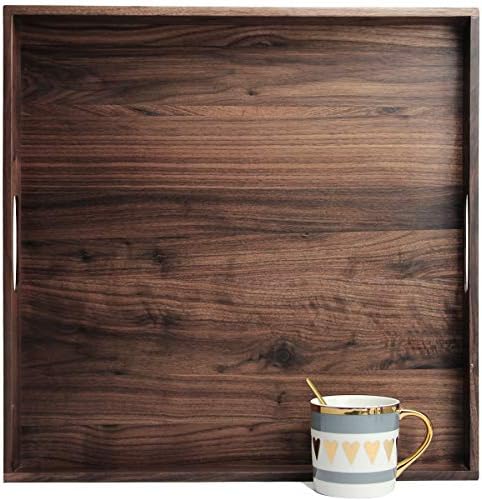 19 x 19 Inches Large Square Black Walnut Wood Ottoman Tray with Handles, Serve Tea, Coffee Classic Wooden Decorative Serving Tray