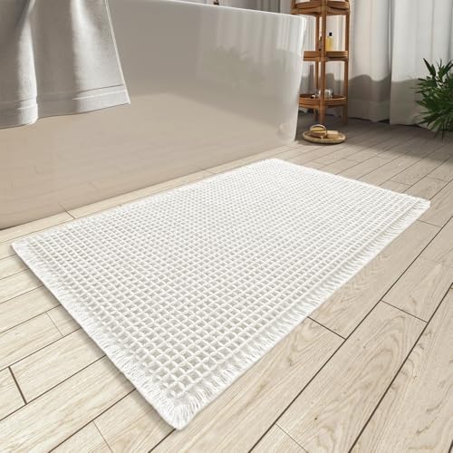 AMOAMI Upgraded Waffle Bath Mat, Super Absorbent Non Slip Bath Mats for Bathroom Floor, Machine Washable Bathroom Rugs with Tassels, Rubber Backed Bathroom Mats, Ultra Soft, 24" x 36", White