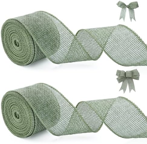 Burlap Wired Ribbon 1.5 inch Wide 10 Yards Rustic Jute Ribbons for Crafts,Sage Green Burlap Ribbon for Wreath,Weeding, Christmas Halloween Decoration Wired Ribbon for Gift Wrapping (2 Rolls)