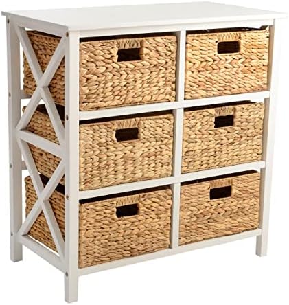 eHemco 3 Tier X-Side End Storage Cabinet, table with 6 Wicker Baskets for bedroom, living room in White