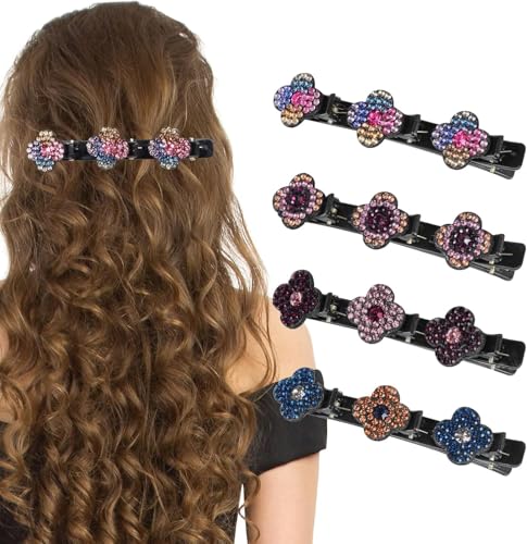 2024 New 4Pcs Sparkling Crystal Stone Braided Hair Clips, Four-Leaf Clover Duckbill Clips Shiny Rhinestone Hairpins Hair Accessories Elegant Hair Styling Clips for Women Girl Styling Sectioning (A)