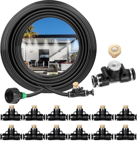 Misters for Outside Patio, Misting Cooling System Anti Leak, 40FT (12M) Misting Line with 12 Brass Mist Nozzles and Adapter(3/4"), DIY Water Misters for Garden Greenhouse Fan BBQ Party Pool