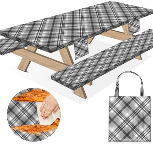 Picnic Table Cover with Bench Covers 72×30 Inch Waterproof Fitted Rectangle Camping Tablecloth Cloth with Elastic Summer Rv Accessories Outdoor Car Travel Essential Party Gifts Checkered