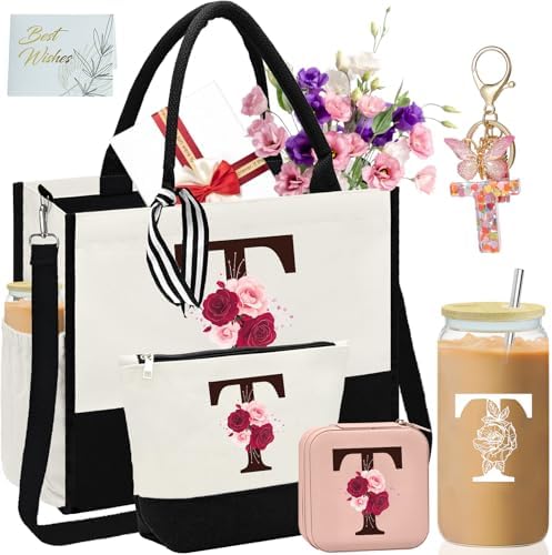 Birthday Gifts for Women,Initial Canvas Tote Bag,Initial Gift for Women,16oz Initial Glass Cup,Initial Makeup Bag with Zipper,Jewelry Organizer Box,Personalized Gifts for Mom-T