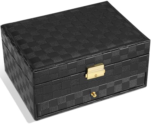 GUOER Jewelry Box for Women Girl Wife - Large PU Leather Jewelry Organizer Storage Case with Two Layers Display for Earrings Bracelets Rings Watches (Checkered Black)