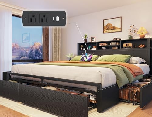 EnHomee King Size Bed Frame with 6 Storage Drawers King Bed Frame and Headboard, Storage Bed with Charging Station, No Noise,No Box Springs Needed,Black