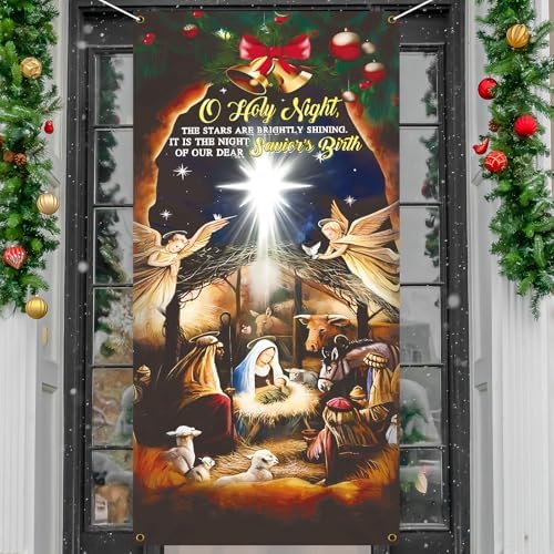 Christmas Door Cover Decorations,Jesus Nativity Scene Christmas Fabric Door Decoration Porch Sign Holy Night Outdoor Religious Front Door Banner Winter Holiday New Year Xmas Office Home Party Supplies