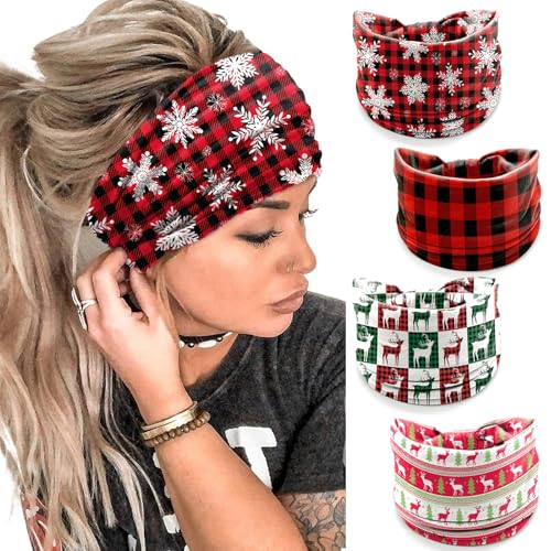 4Pcs Christmas Headbands for Women - Snowflake Plaid Holiday Hair Bands, Festive Gift Hair Accessories (Plaid)