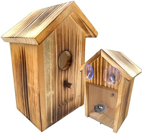 2-Pack Transparent Window Bird House with Suction Cups - Outdoor See-Through Wooden Design Birdhouse for Easy Bird Watching for Kids & Adults (Brown)
