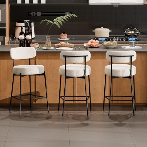 DYHOME Bar Stools Set of 3, White 24 Inches Boucle Barstools Counter Height Barstool with Curved Back Metal Legs, Modern Upholstered Barstools for Kitchen Island, Cafe